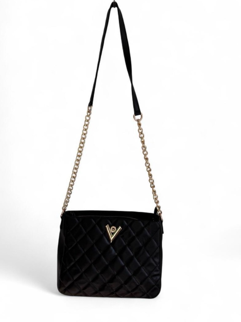 Valentino Orlandi Black Quilted Crossbody with Gold Chain